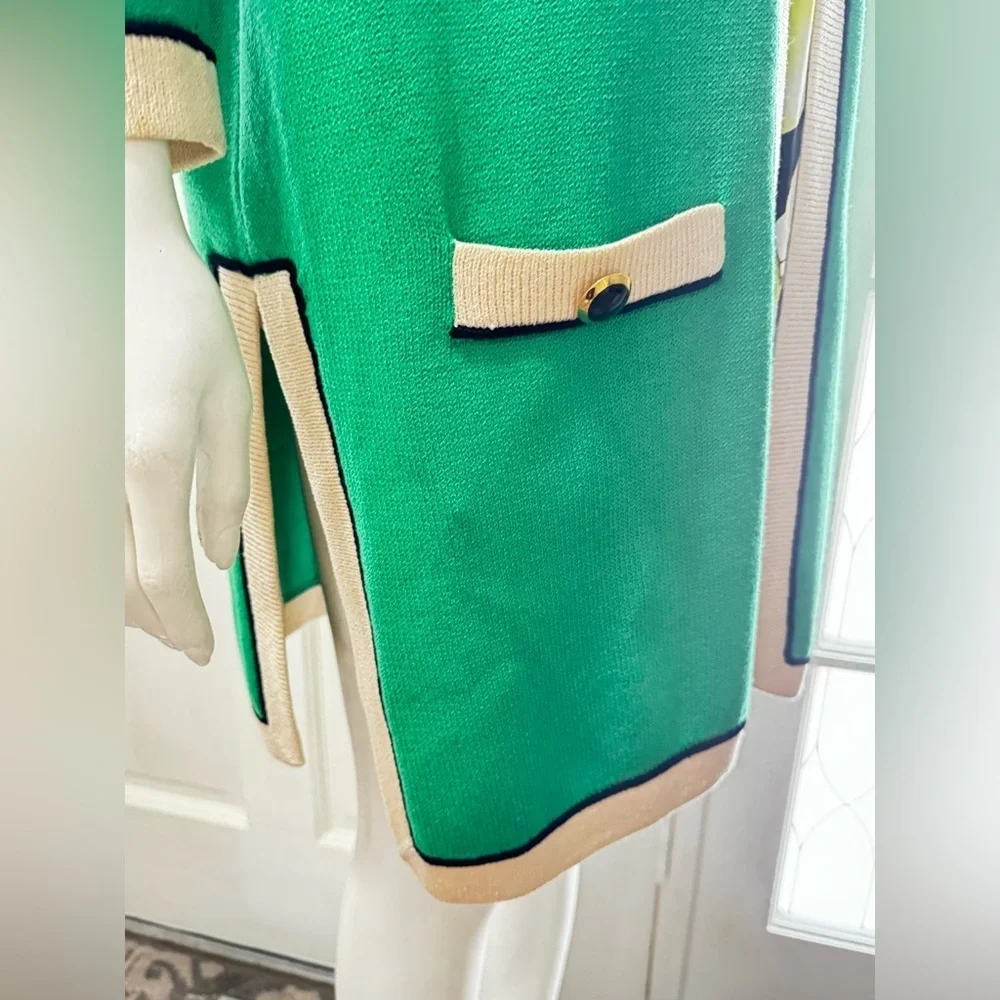 St. John Collection Long Green/Black Gold Buttons Open Front Cardigan Sz L P-38